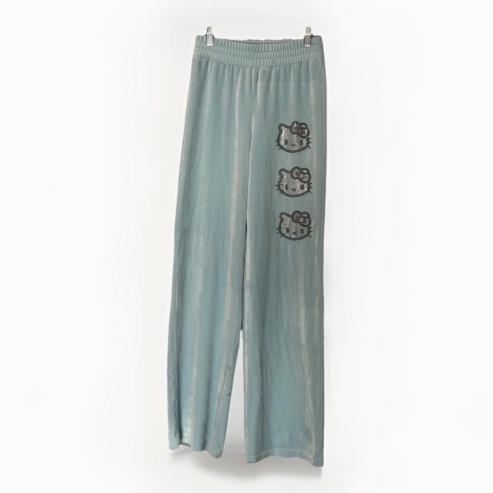 Hello Kitty‎ Velour Crop Jacket Wide Leg Pants Set Y2K Rhinestone No Size Tag